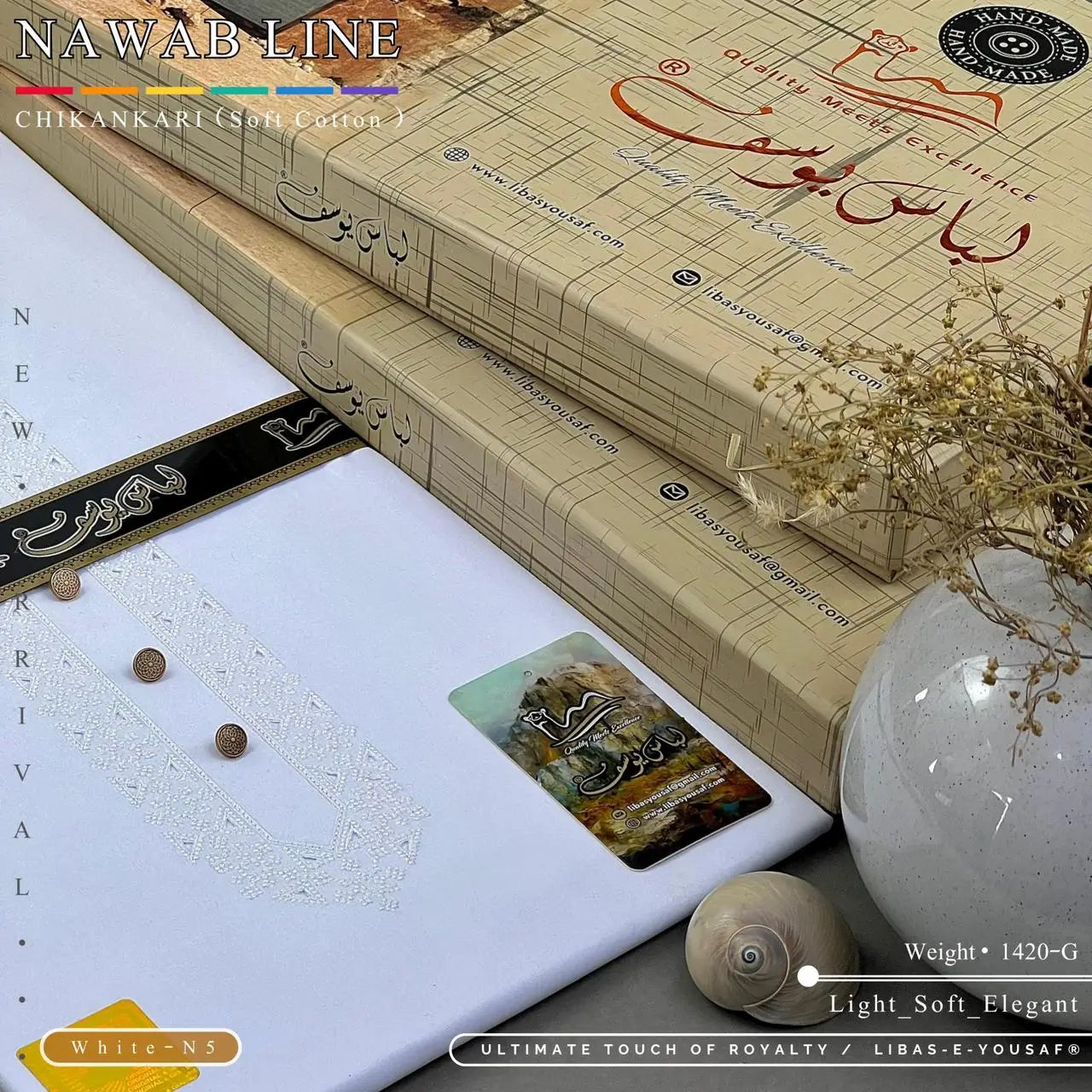 NAWAB LINE – CHIKANKARI | Libas-e-Yousaf - Soft Cotton | White N 5