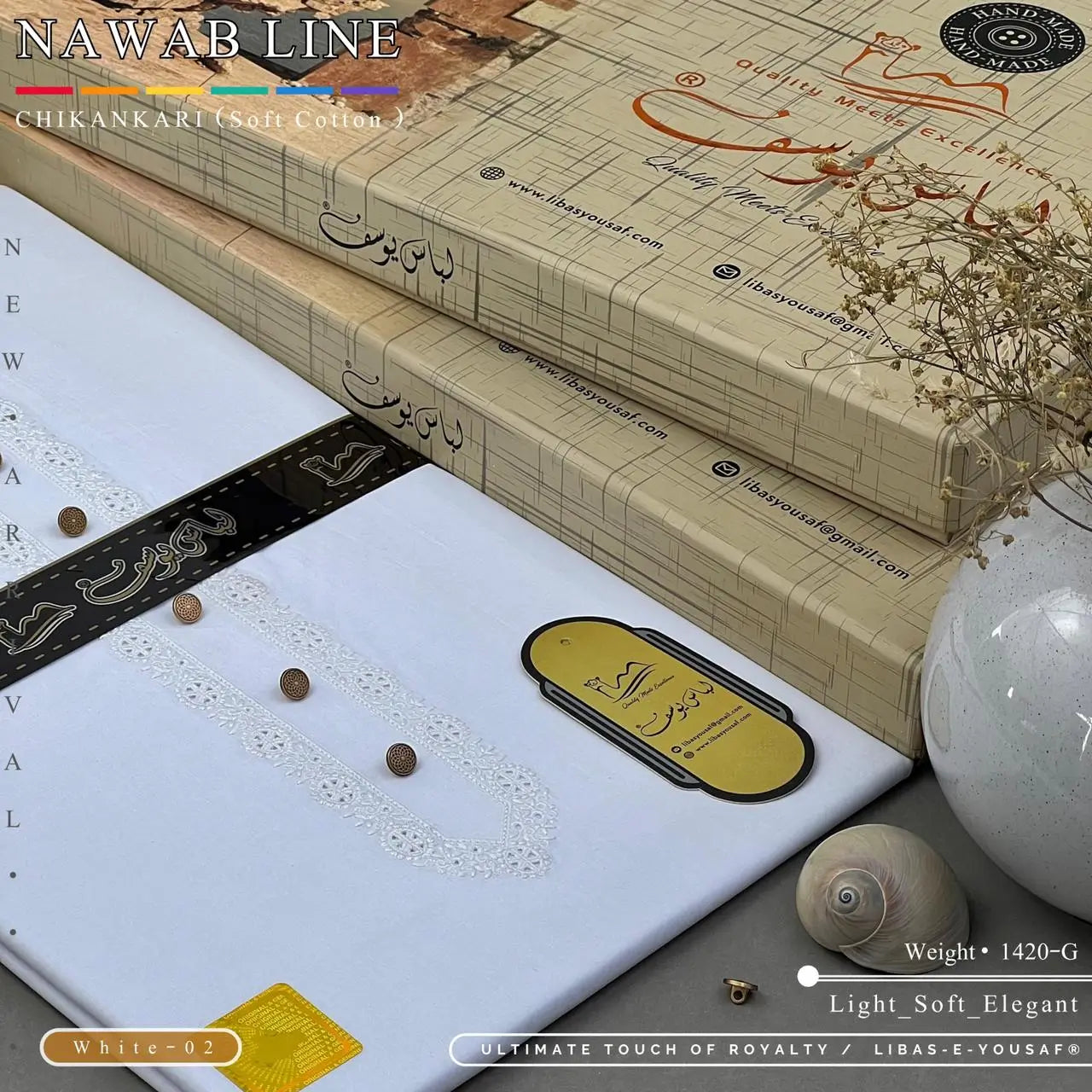 NAWAB LINE – CHIKANKARI | Libas-e-Yousaf - Soft Cotton | White 02