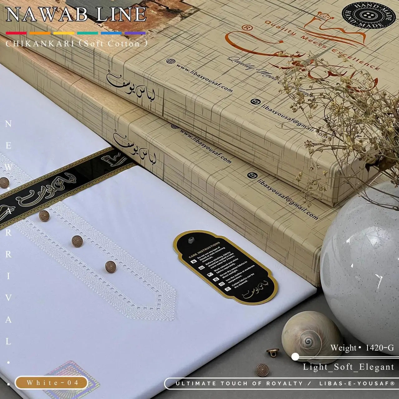 NAWAB LINE – CHIKANKARI | Libas-e-Yousaf - Soft Cotton | White 04