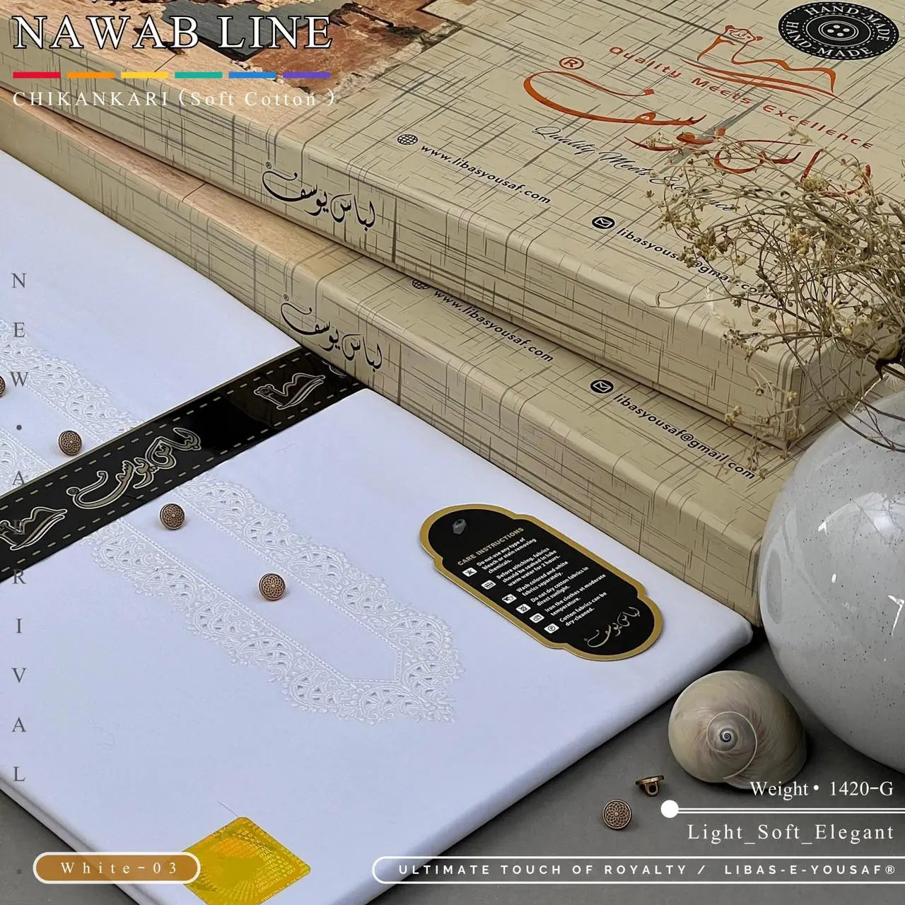 NAWAB LINE – CHIKANKARI | Libas-e-Yousaf - Soft Cotton | White 03