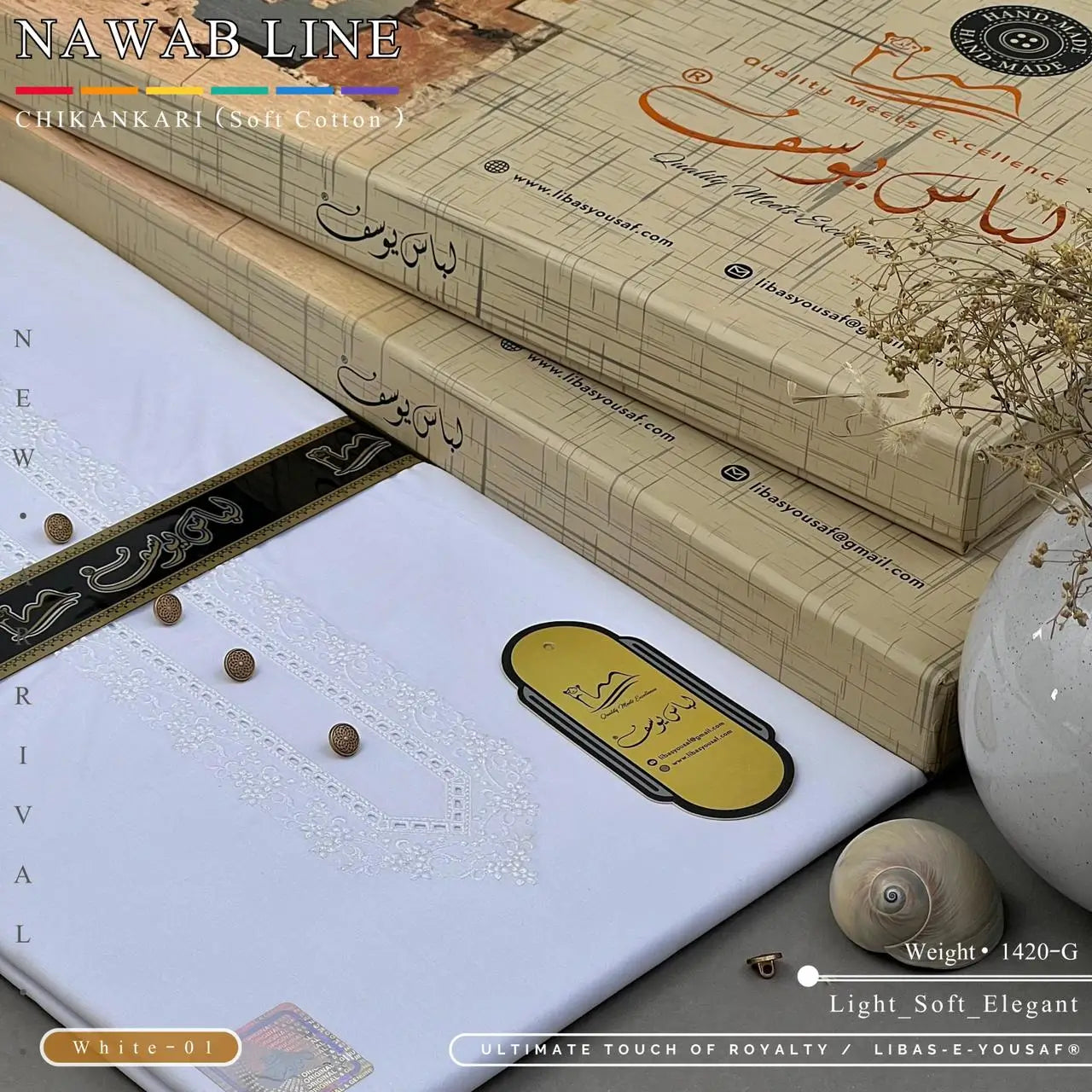 NAWAB LINE – CHIKANKARI | Libas-e-Yousaf - Soft Cotton | White 01