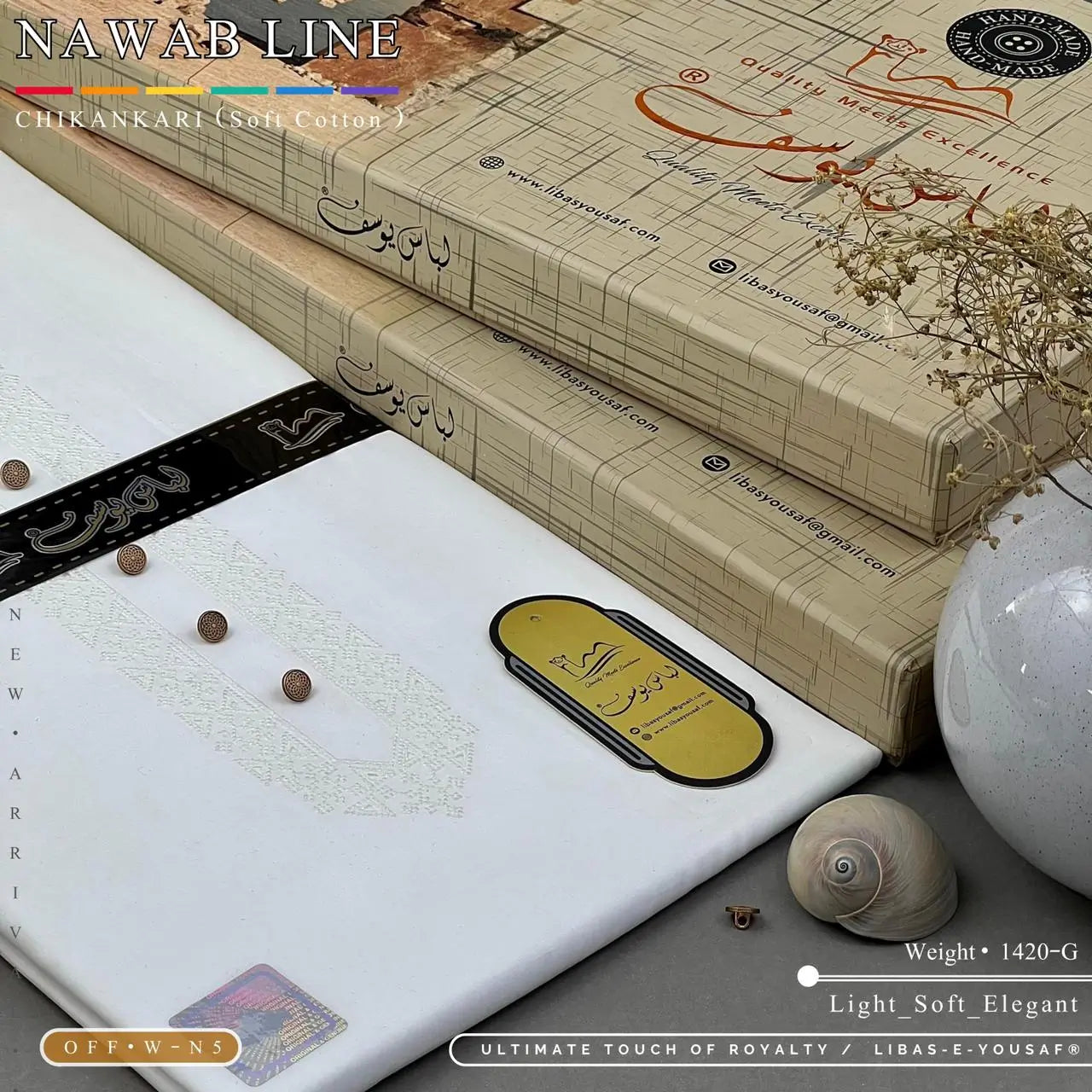 NAWAB LINE – CHIKANKARI | Libas-e-Yousaf - Soft Cotton | Off White N 5