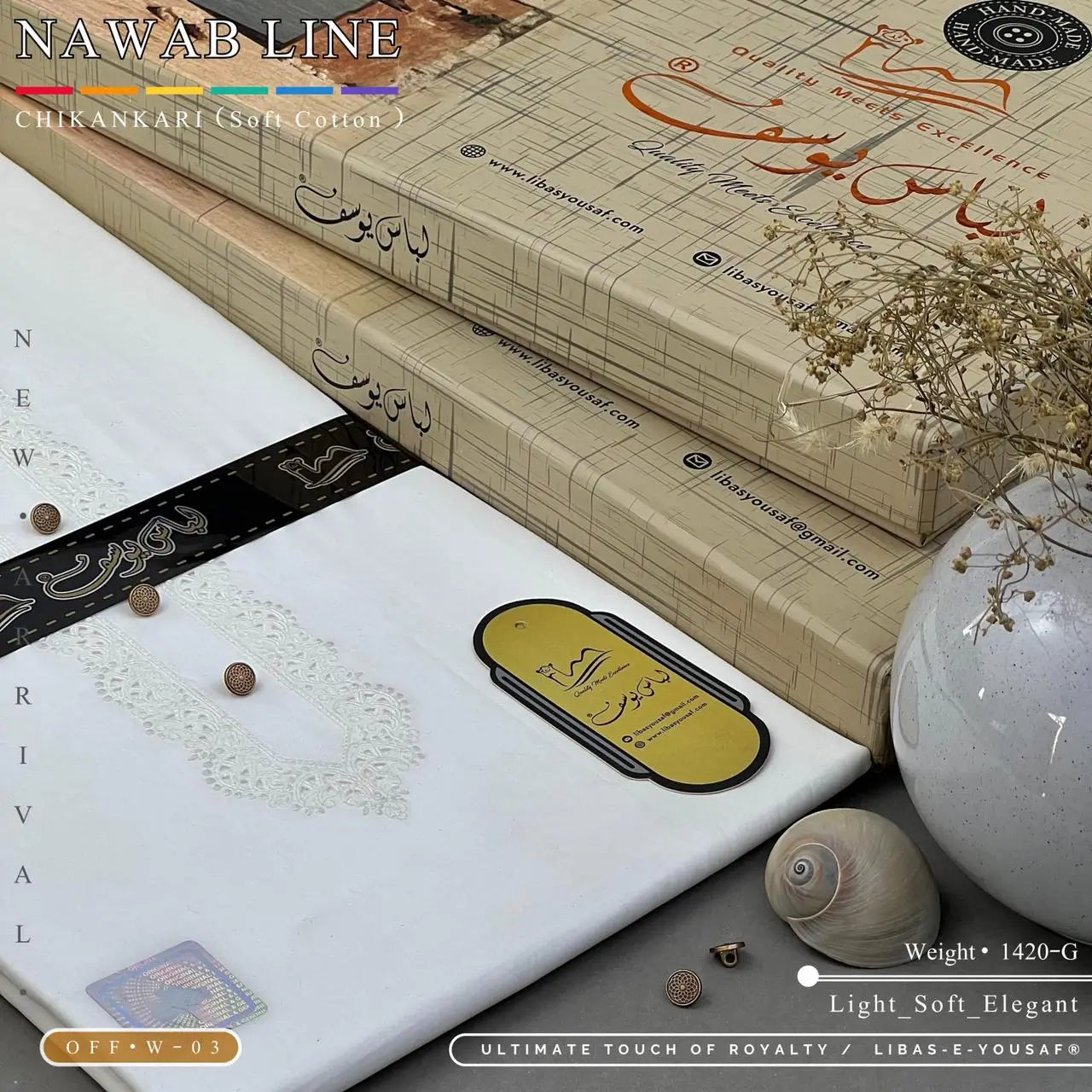 NAWAB LINE – CHIKANKARI | Libas-e-Yousaf - Soft Cotton | Off White 03