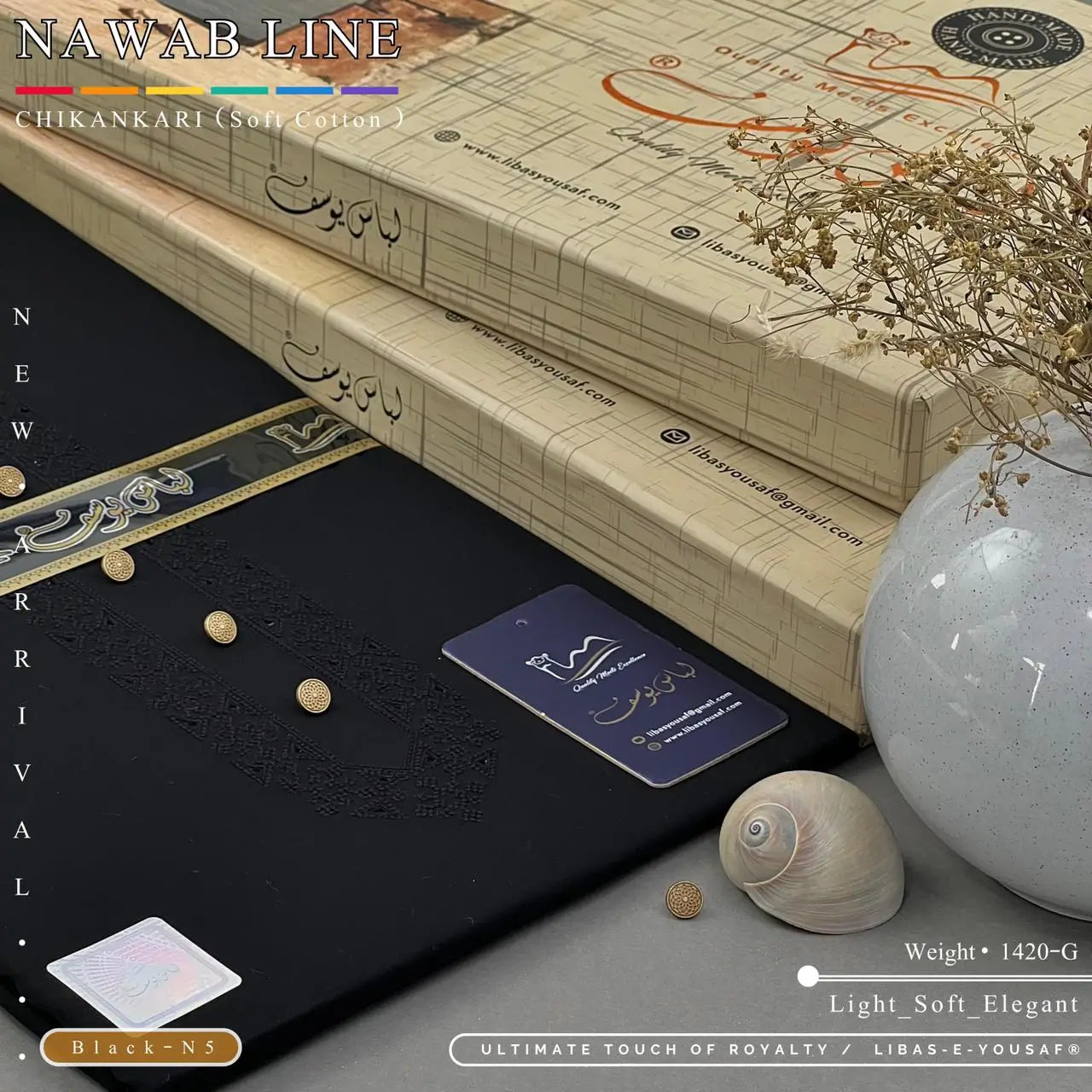 NAWAB LINE – CHIKANKARI | Libas-e-Yousaf - Soft Cotton | Black N 5