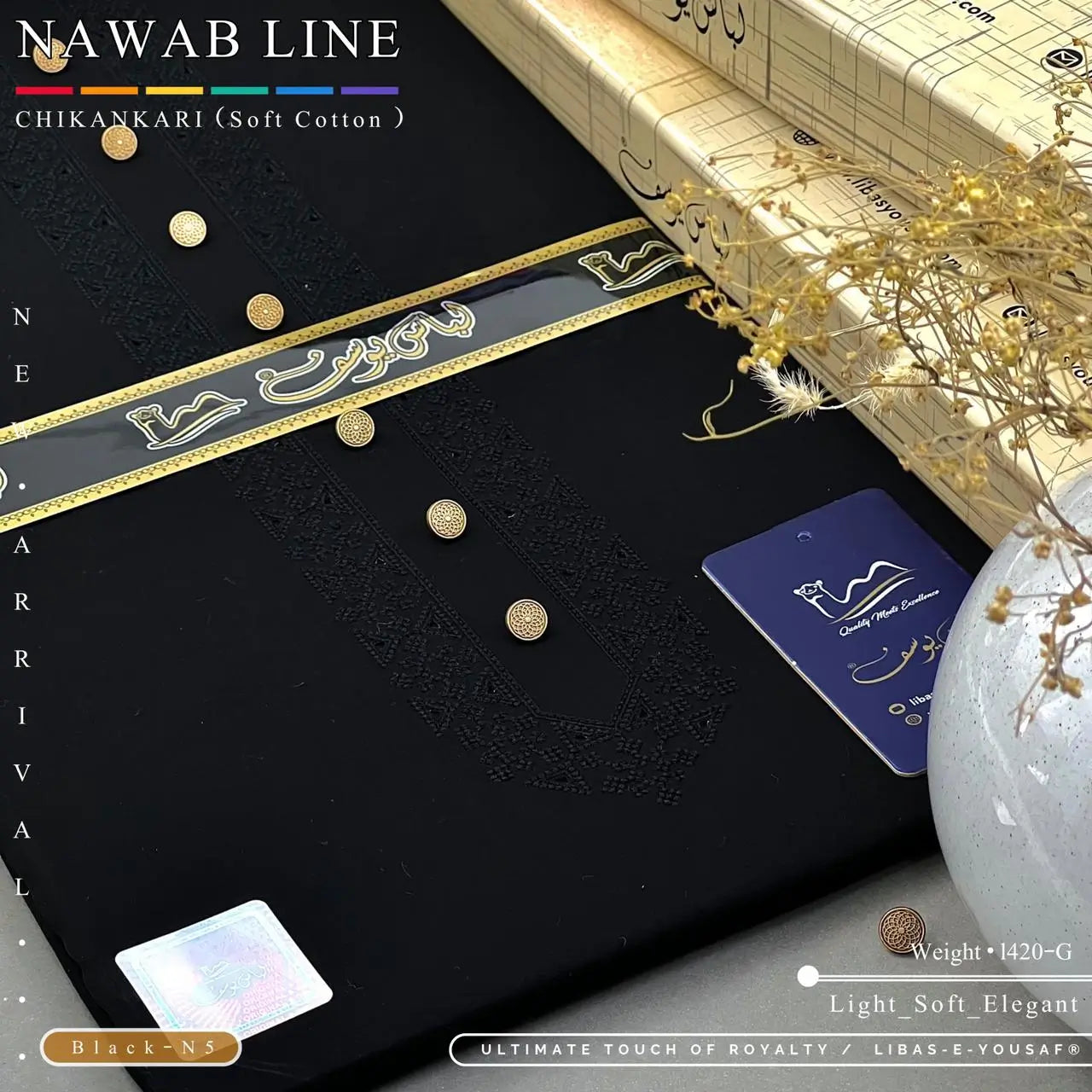 NAWAB LINE – CHIKANKARI | Libas-e-Yousaf - Soft Cotton | Black N 5