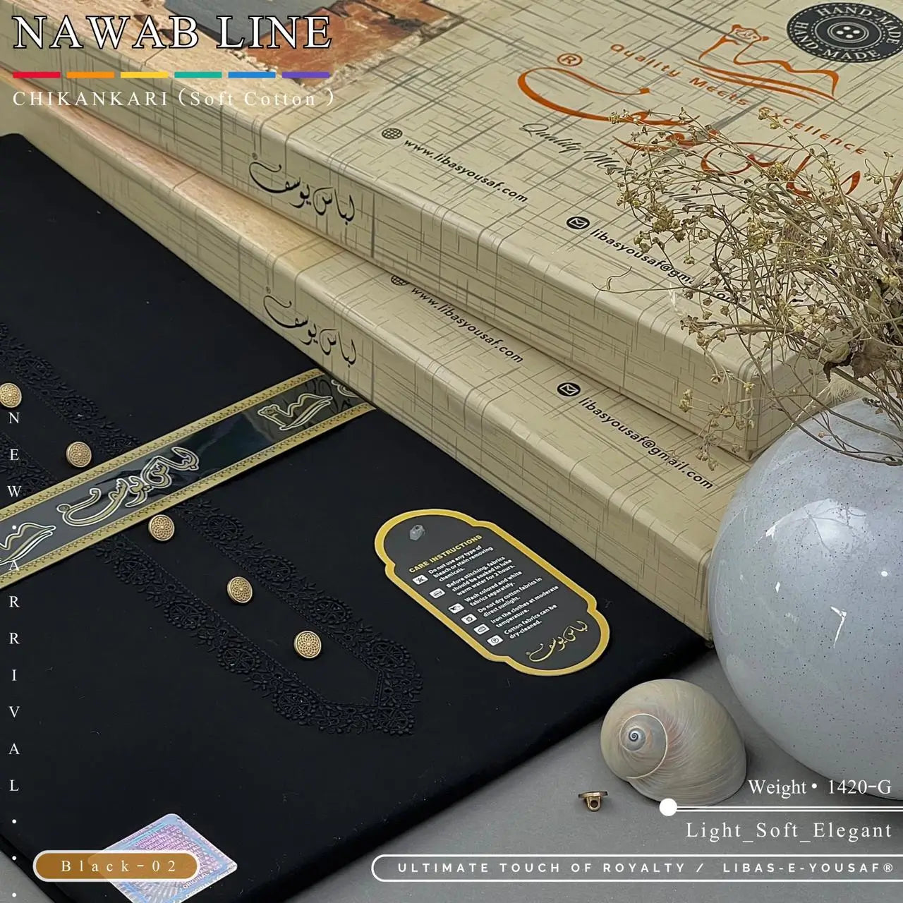 NAWAB LINE – CHIKANKARI | Libas-e-Yousaf - Soft Cotton | Black 02