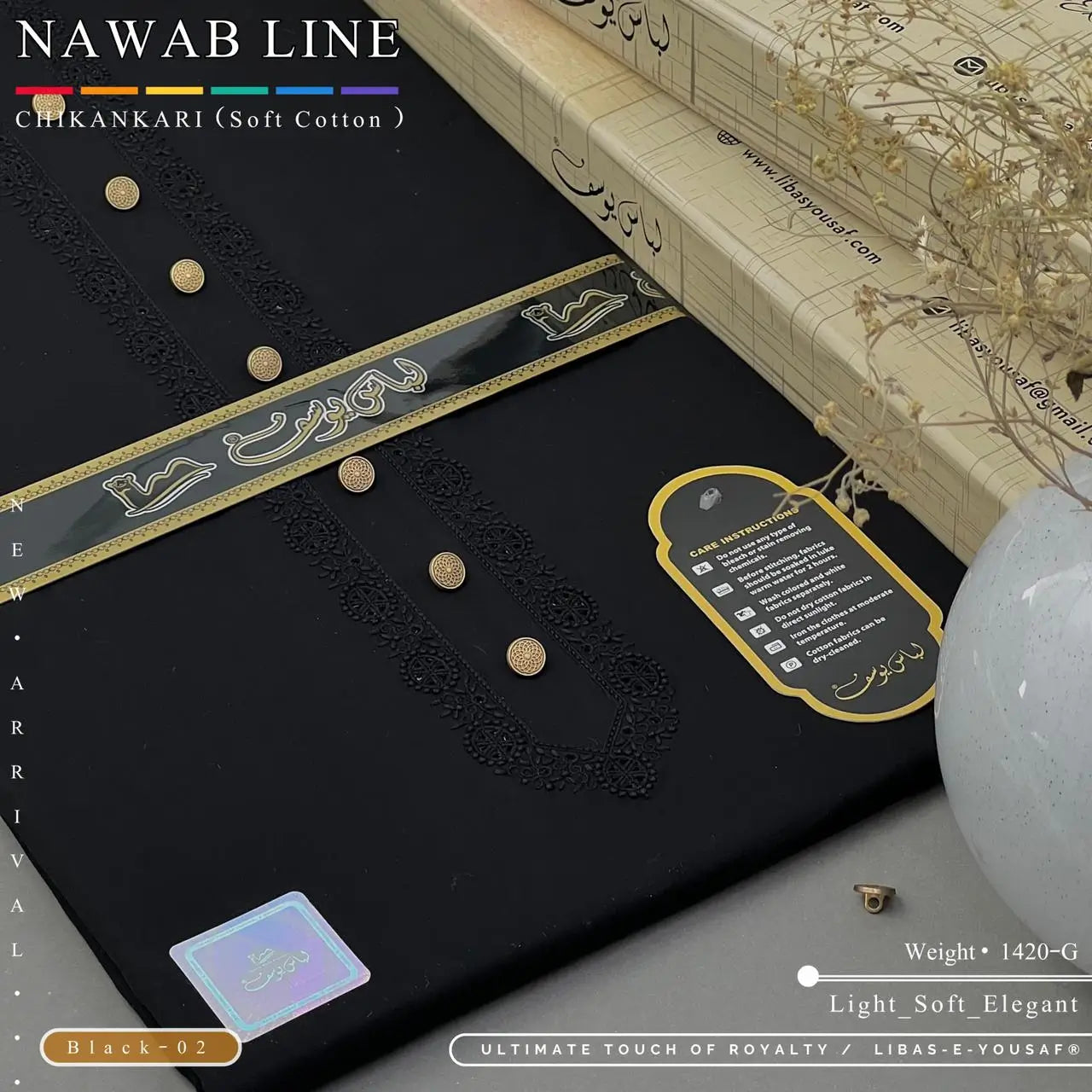 NAWAB LINE – CHIKANKARI | Libas-e-Yousaf - Soft Cotton | Black 02