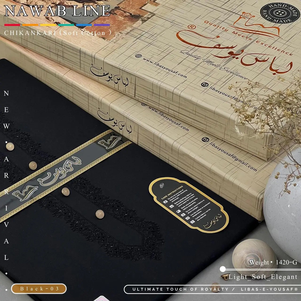 NAWAB LINE – CHIKANKARI | Libas-e-Yousaf - Soft Cotton | Black 03