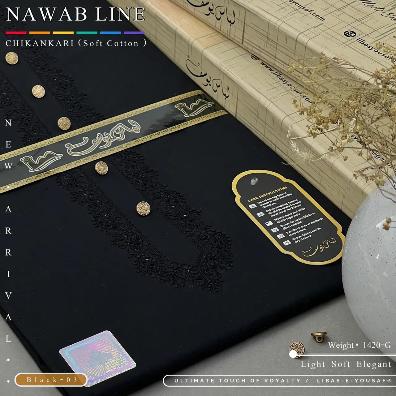 NAWAB LINE – CHIKANKARI | Libas-e-Yousaf - Soft Cotton | Black 03