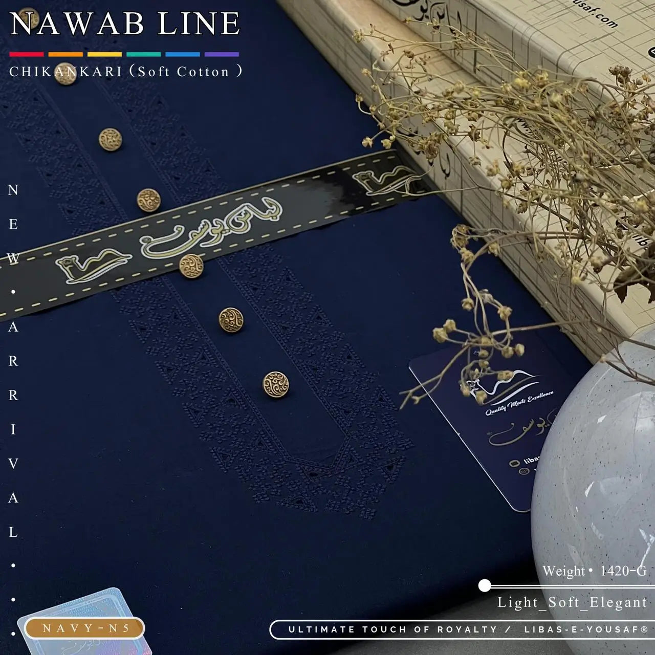 NAWAB LINE – CHIKANKARI | Libas-e-Yousaf - Soft Cotton | Navy N 5