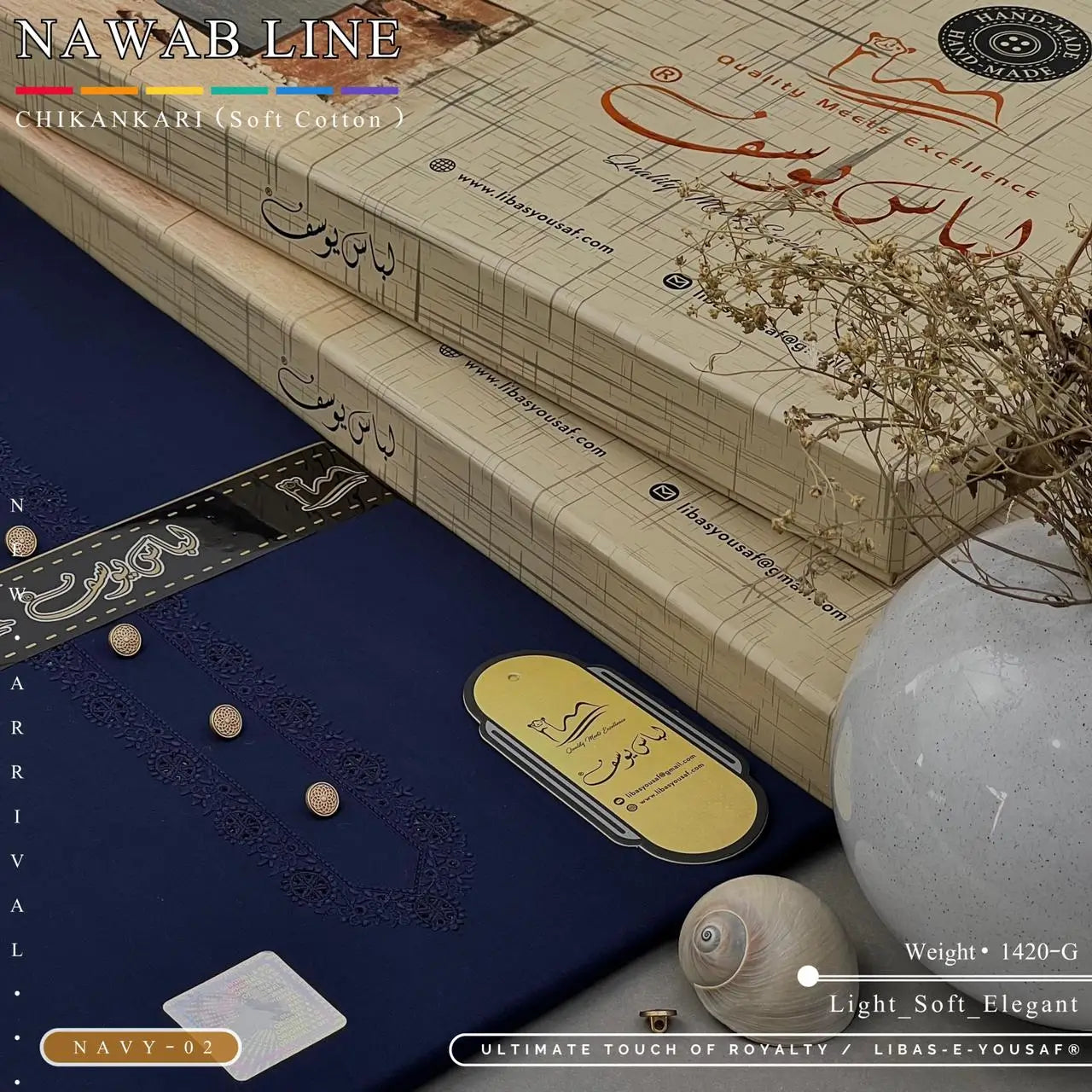 NAWAB LINE – CHIKANKARI | Libas-e-Yousaf - Soft Cotton | Navy 02