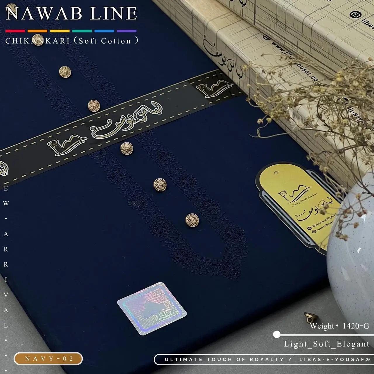 NAWAB LINE – CHIKANKARI | Libas-e-Yousaf - Soft Cotton | Navy 02