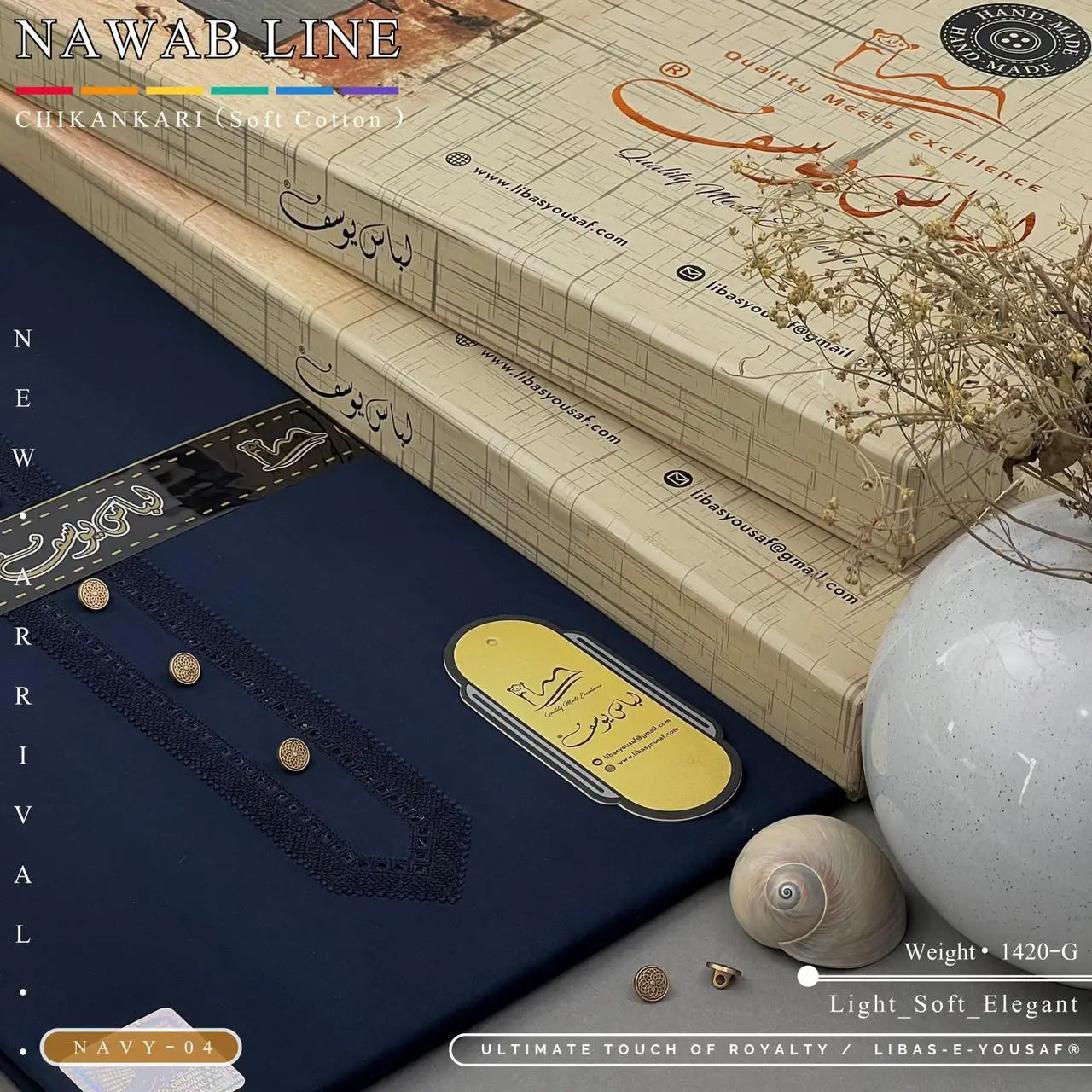 NAWAB LINE – CHIKANKARI | Libas-e-Yousaf - Soft Cotton | Navy 04