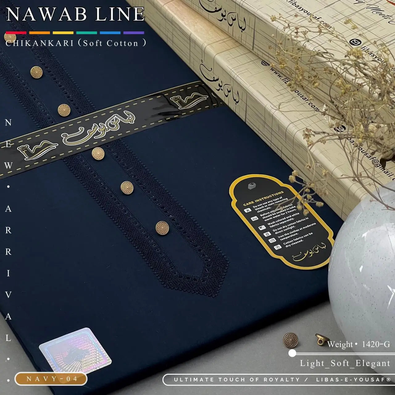 NAWAB LINE – CHIKANKARI | Libas-e-Yousaf - Soft Cotton | Navy 04