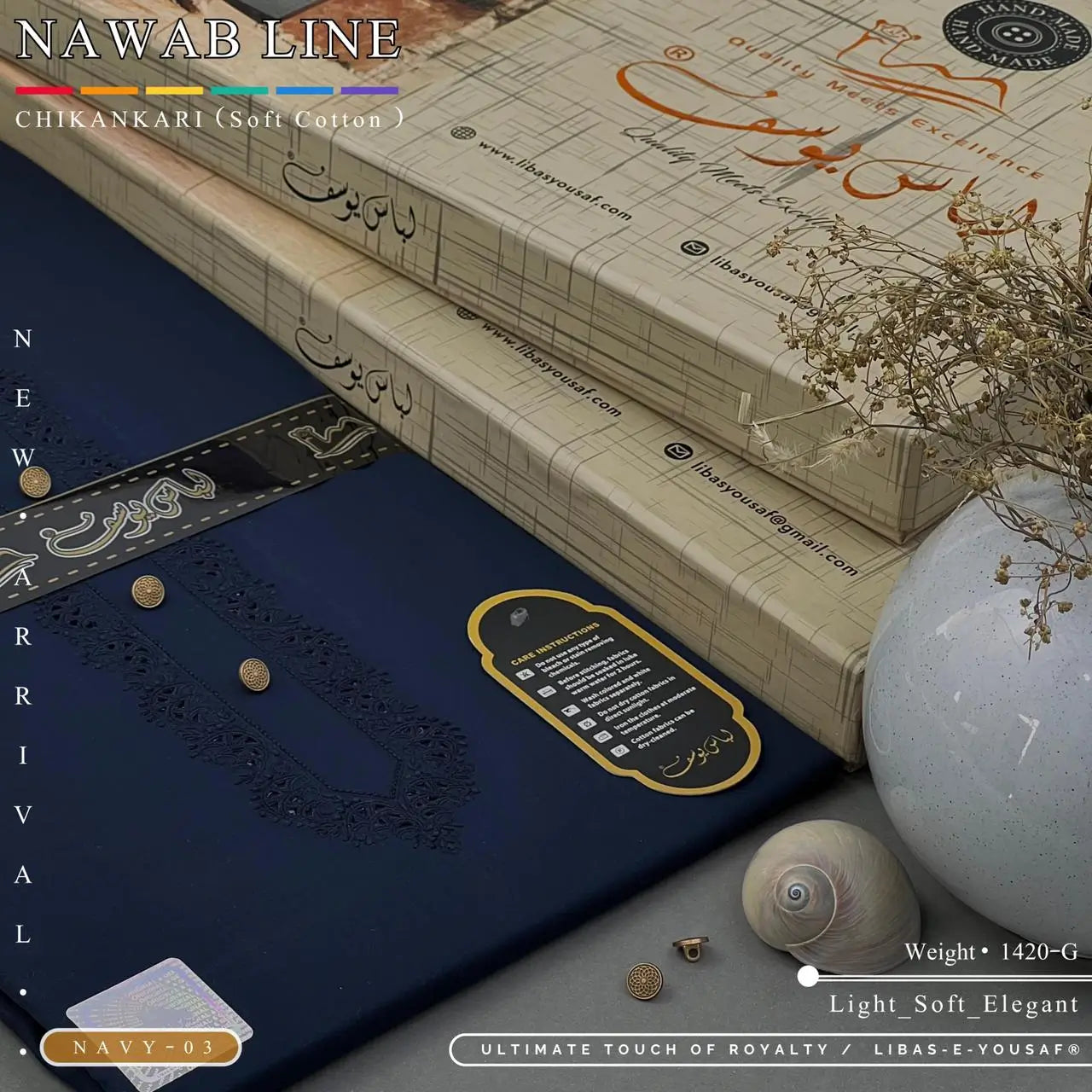 NAWAB LINE – CHIKANKARI | Libas-e-Yousaf - Soft Cotton | Navy 03