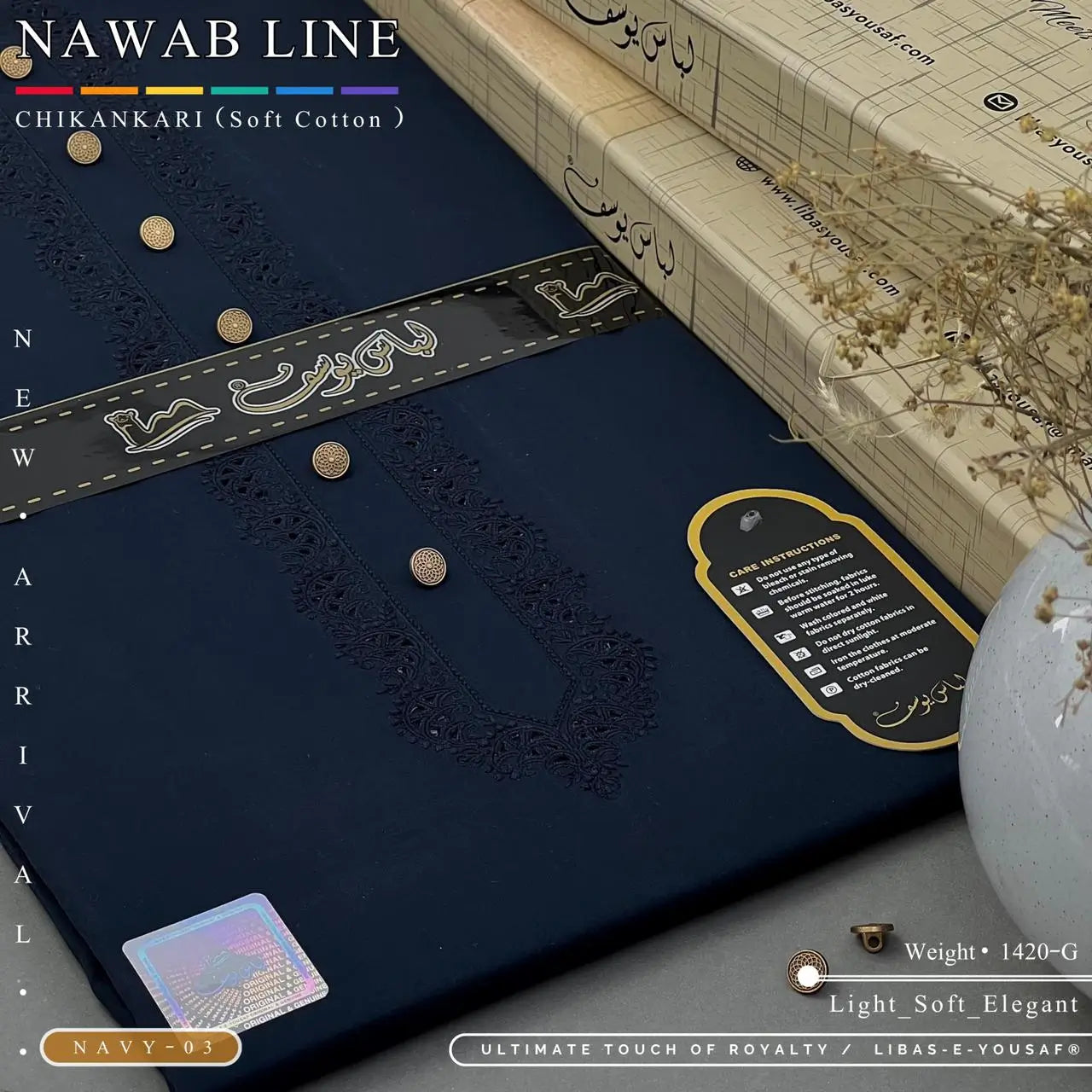 NAWAB LINE – CHIKANKARI | Libas-e-Yousaf - Soft Cotton | Navy 03