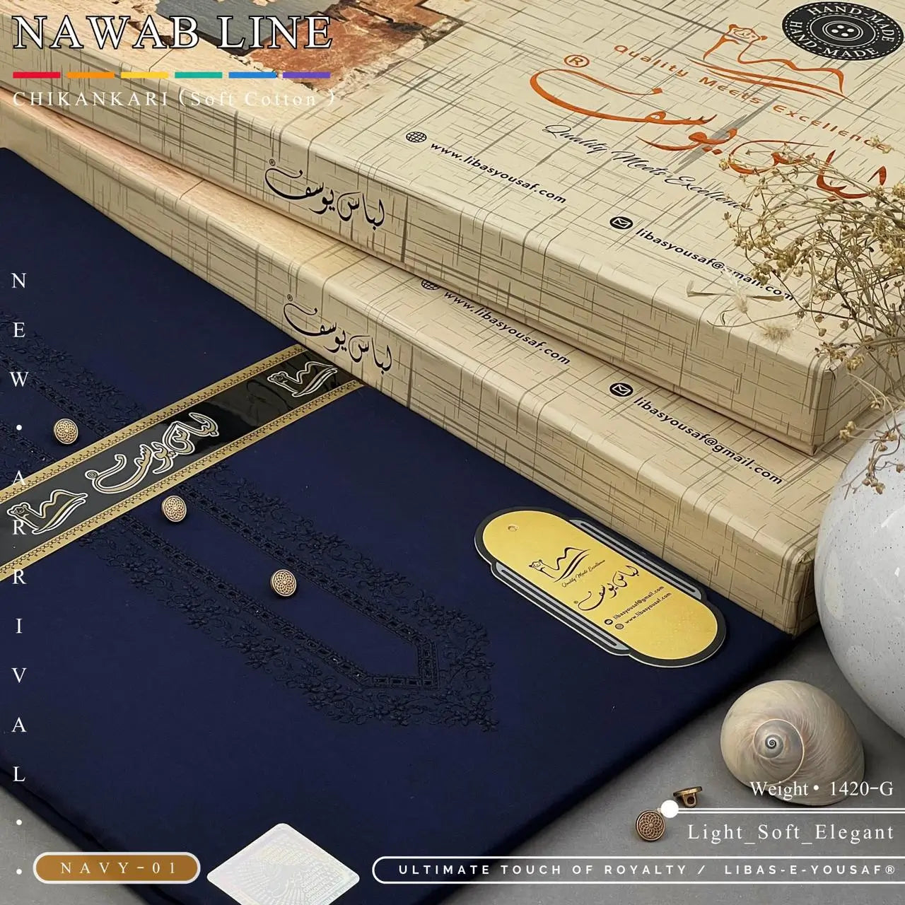 NAWAB LINE – CHIKANKARI | Libas-e-Yousaf - Soft Cotton | Navy 01