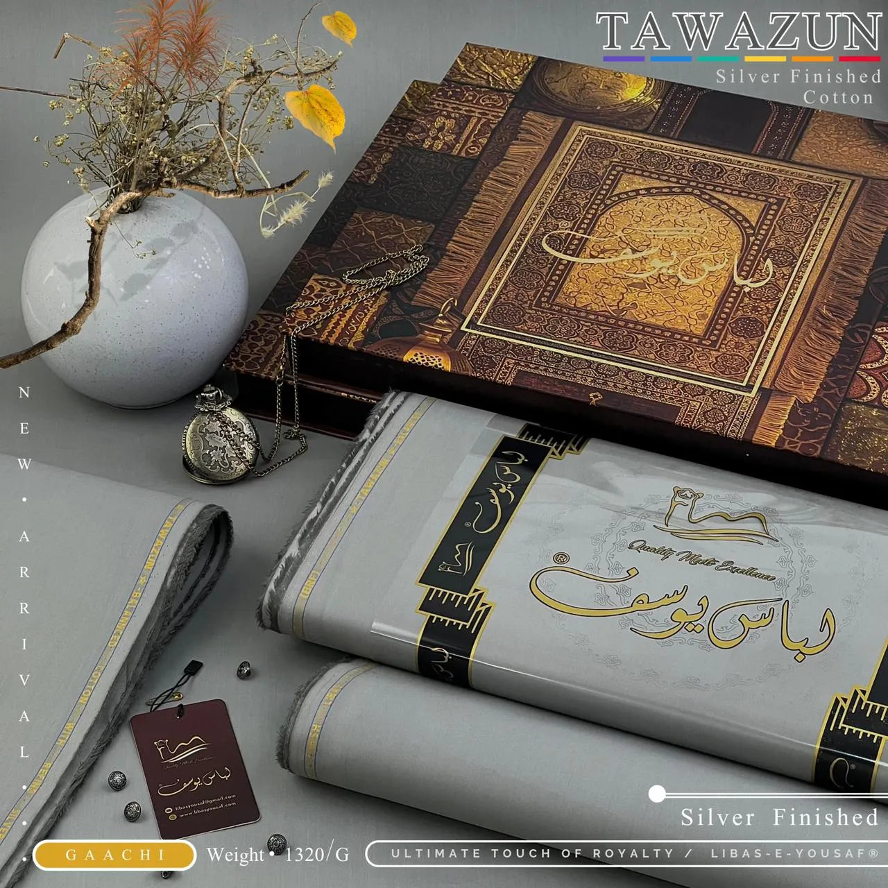 TAWAZUN | Libas-e-Yousaf - Silver Refined Finish Cotton | GAACHI